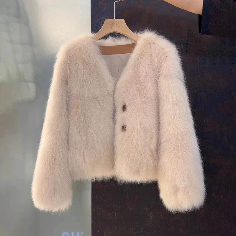 美拉德秋冬厚外套女短款洋气仿狐狸毛上衣轻奢小个子毛毛外套女