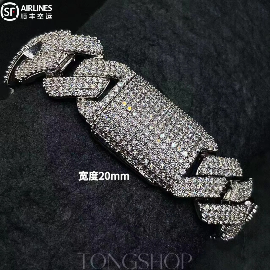 铜合金合成锆石吊坠 TONG 20mm菱形满钻古巴链欧美嘻哈手工满钻