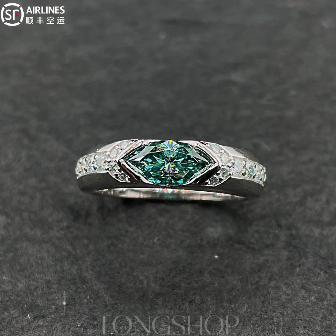 925银莫桑石戒指 TONGSHOP 925银莫桑 冰蓝湖水绿 绿色马眼戒指