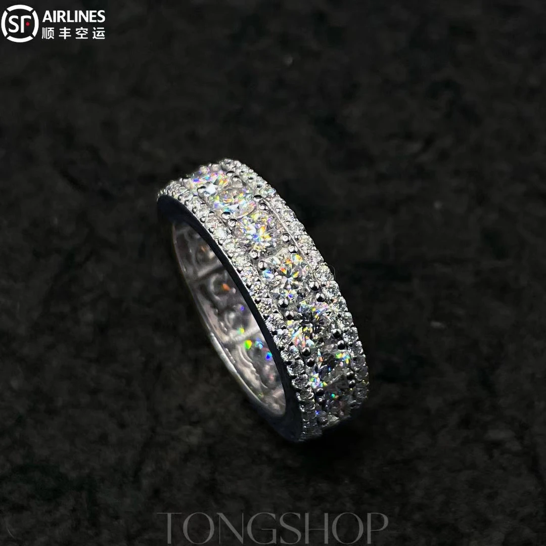 925银莫桑石戒指 TONGSHOP 925银4mm三排满莫桑钻戒指小众银饰