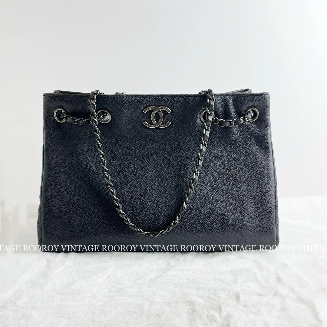 95新 Chanel/香奈儿 黑银牛皮tote单肩包/5520