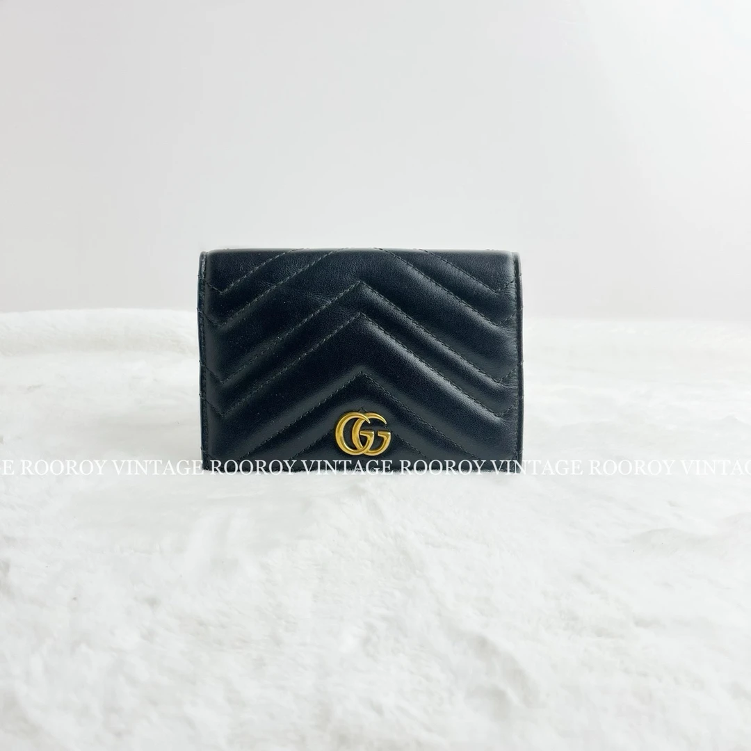 95新 GUCCI/古驰 Marmont 黑色 金扣 卡包/1463