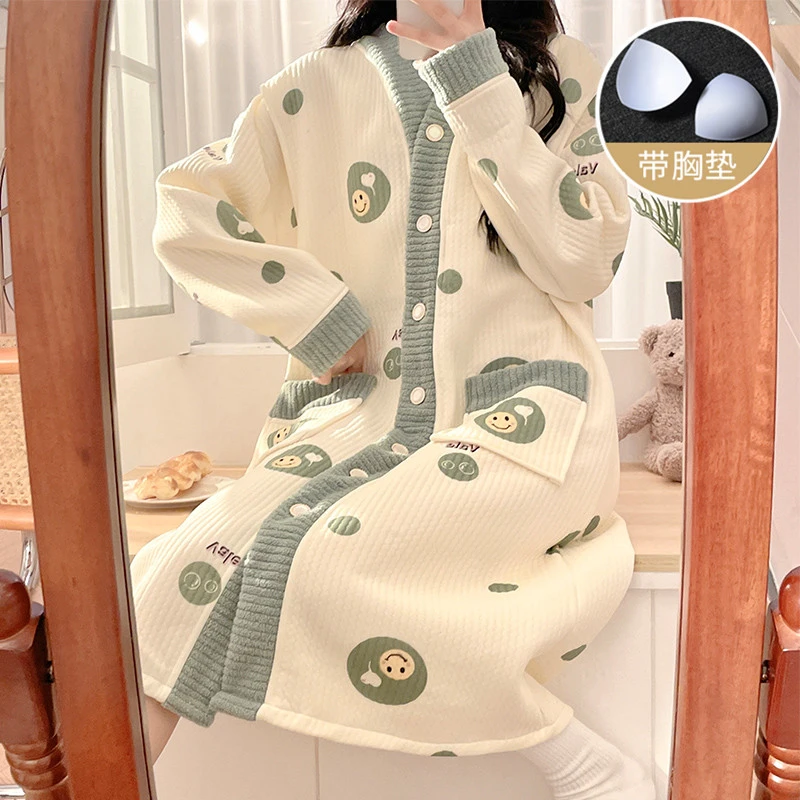 秋冬季空气棉带胸垫大码孕妇月子服产妇待产裙哺乳睡裙喂奶家居裙