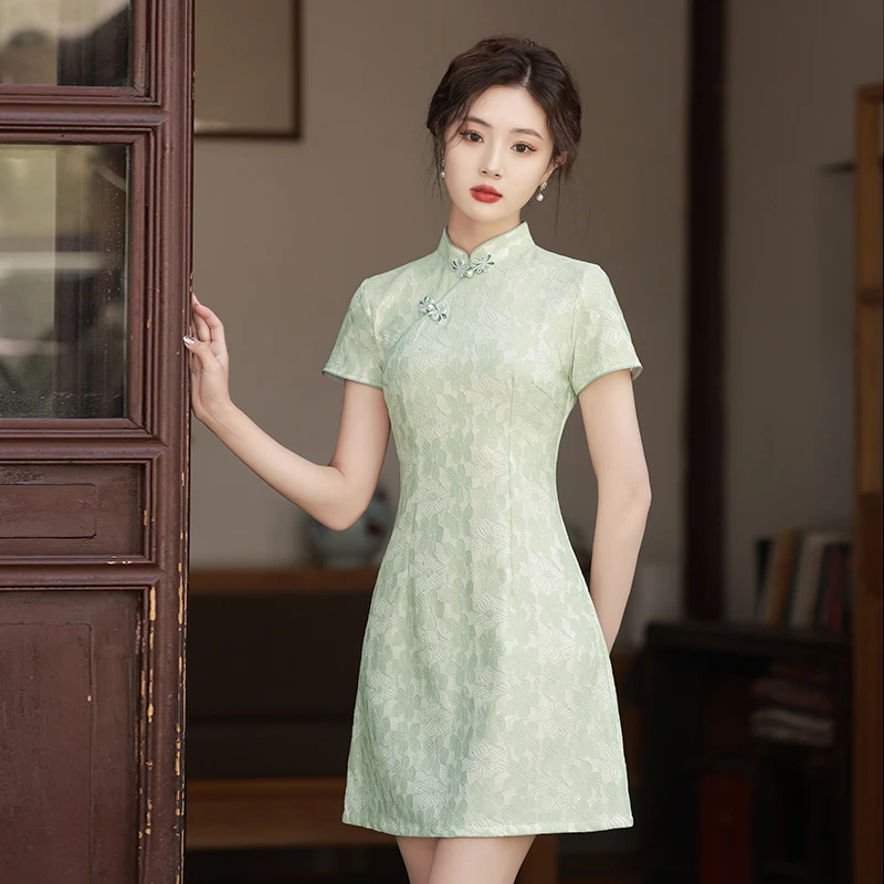绿色旗袍新款2023新式改良年轻款少女夏季小个子短款a字裙中国风