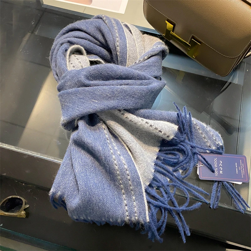 时尚100%纯羊毛围巾女多色双面缝线设计高级感围脖情侣款围巾披肩