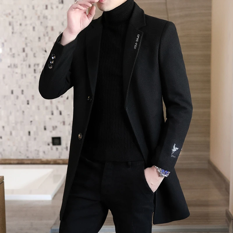 啄木鸟风衣男中长款韩版修身男士羊毛呢子大衣西装领休闲长款风衣