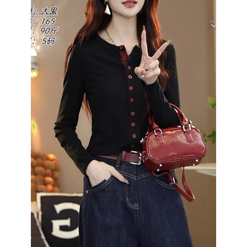 排扣撞色圆领打底衫秋季洋气新款上衣蕾丝显瘦气质时尚百搭女1013