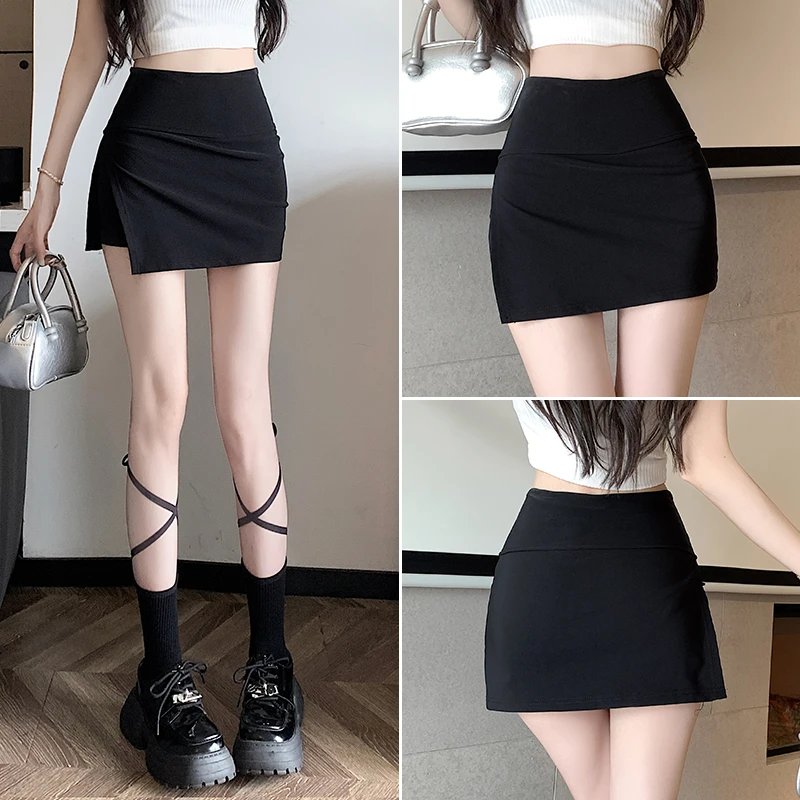 黑色弹力包臀裙夏季2025新款不规则高腰修身显瘦开叉半身裙短裤裙