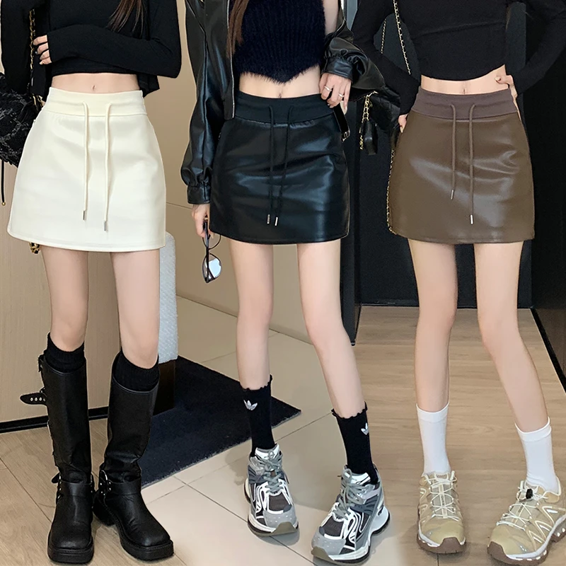 辣妹拼接抽绳短裙PU皮裙包臀裙女2024秋冬高腰显瘦小个子半身裙子