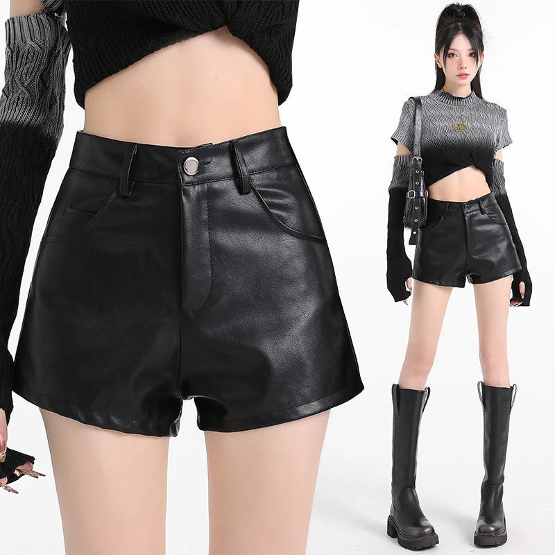 黑色PU皮短裤女秋冬外穿高腰A字阔腿裤2024新款百搭显瘦靴裤热裤