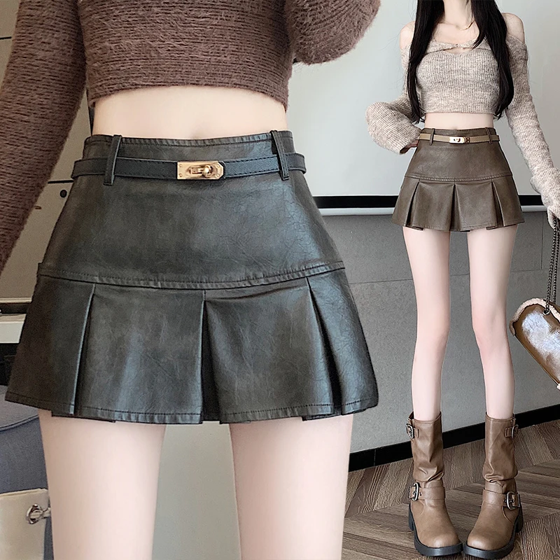 小个子PU皮裙百褶短裙女2025秋冬新款复古辣妹高腰大摆显瘦半身裙