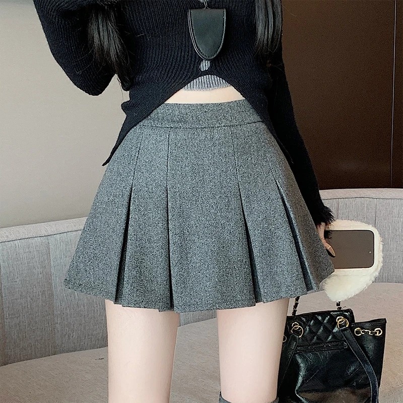 复古毛呢半身裙春季加厚短裙高腰显瘦辣妹防走光纯色a字百褶裙子
