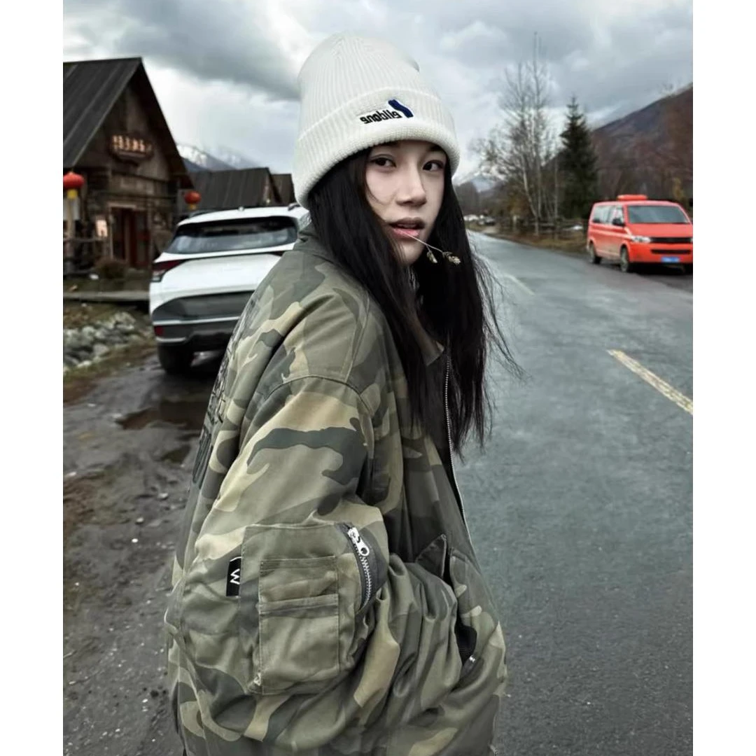 美式复古秋冬季洗水迷彩短宽廓形bomber夹克棉服男女加厚宽松外套