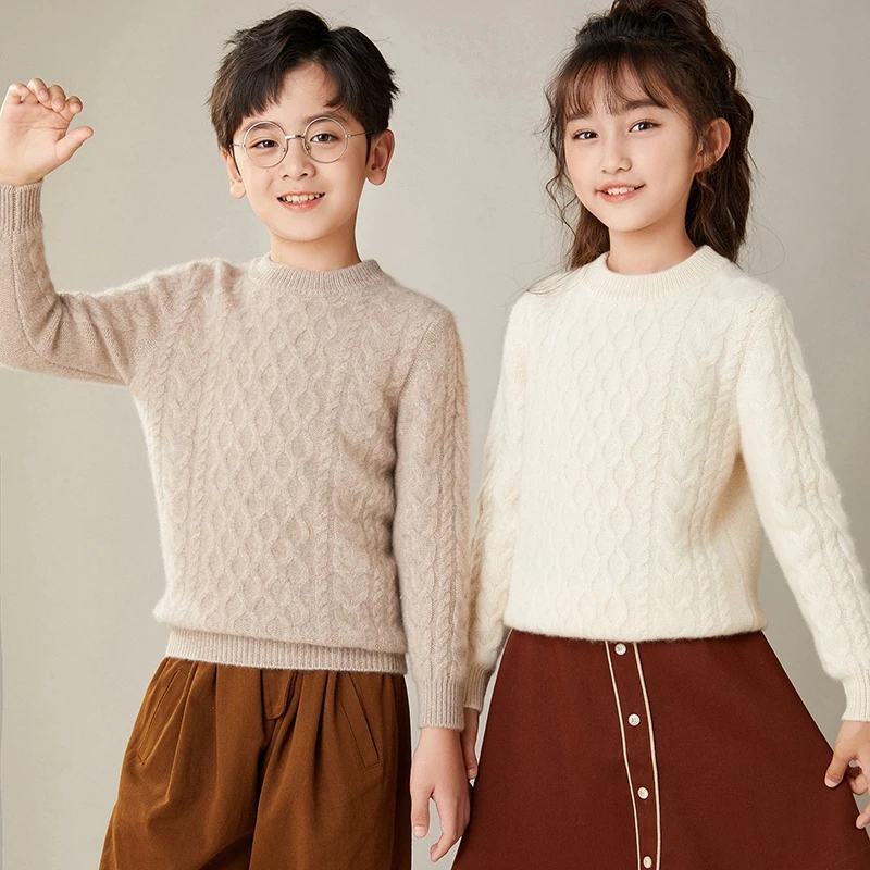 100%羊毛5针加厚秋冬扭花儿童羊绒衫半高圆领男女孩套头巨厚毛衣