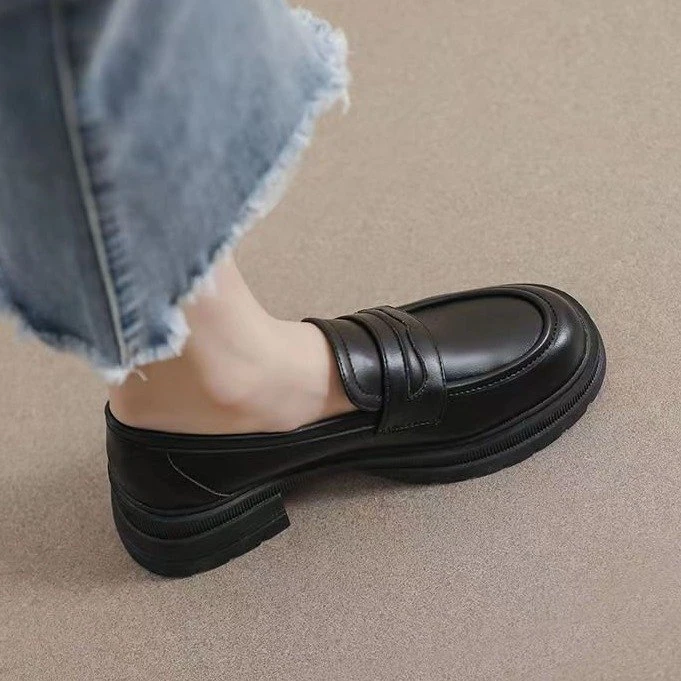 厚底乐福鞋女2024新款秋季复古小皮鞋英伦风一脚蹬粗跟软底单鞋女