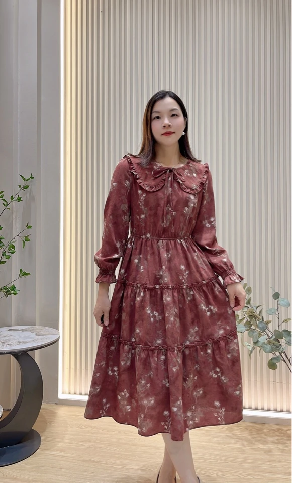 海百合复古法式印花连衣裙2293#