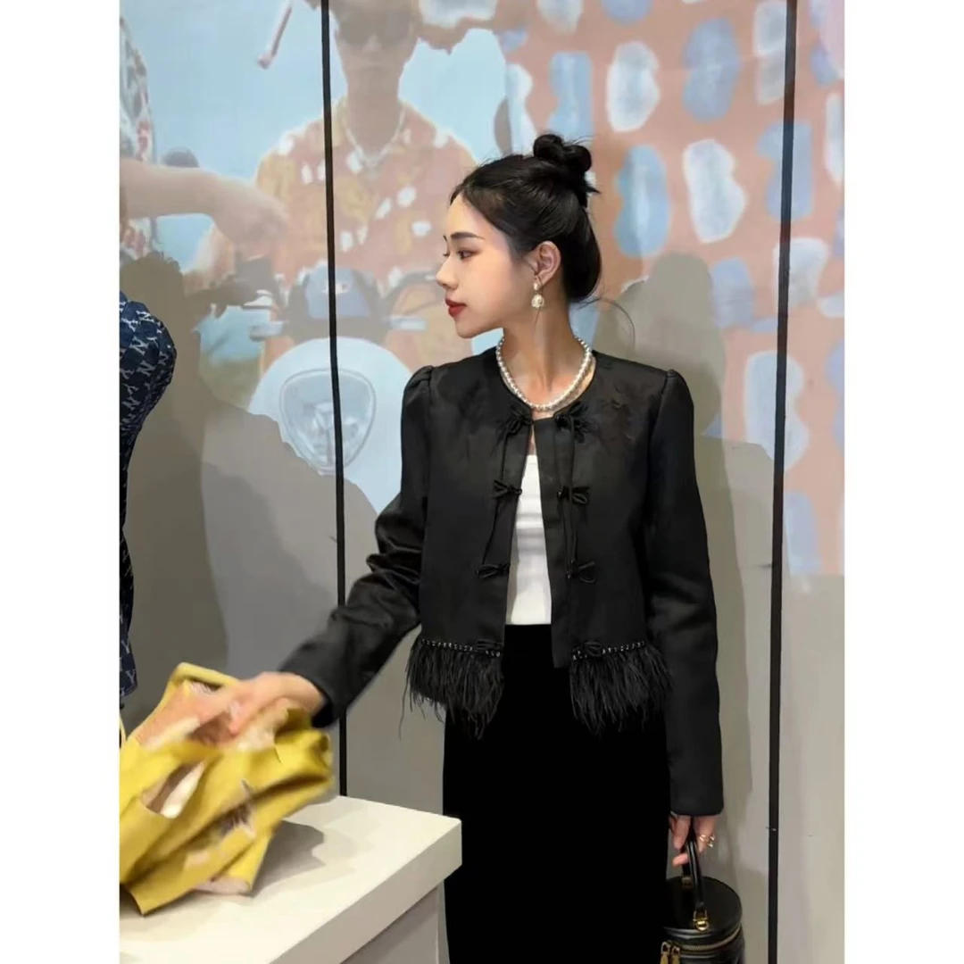 凤起玉鸣1【风月海棠】新中式暗纹提花拼接驼鸟毛秋季短外套