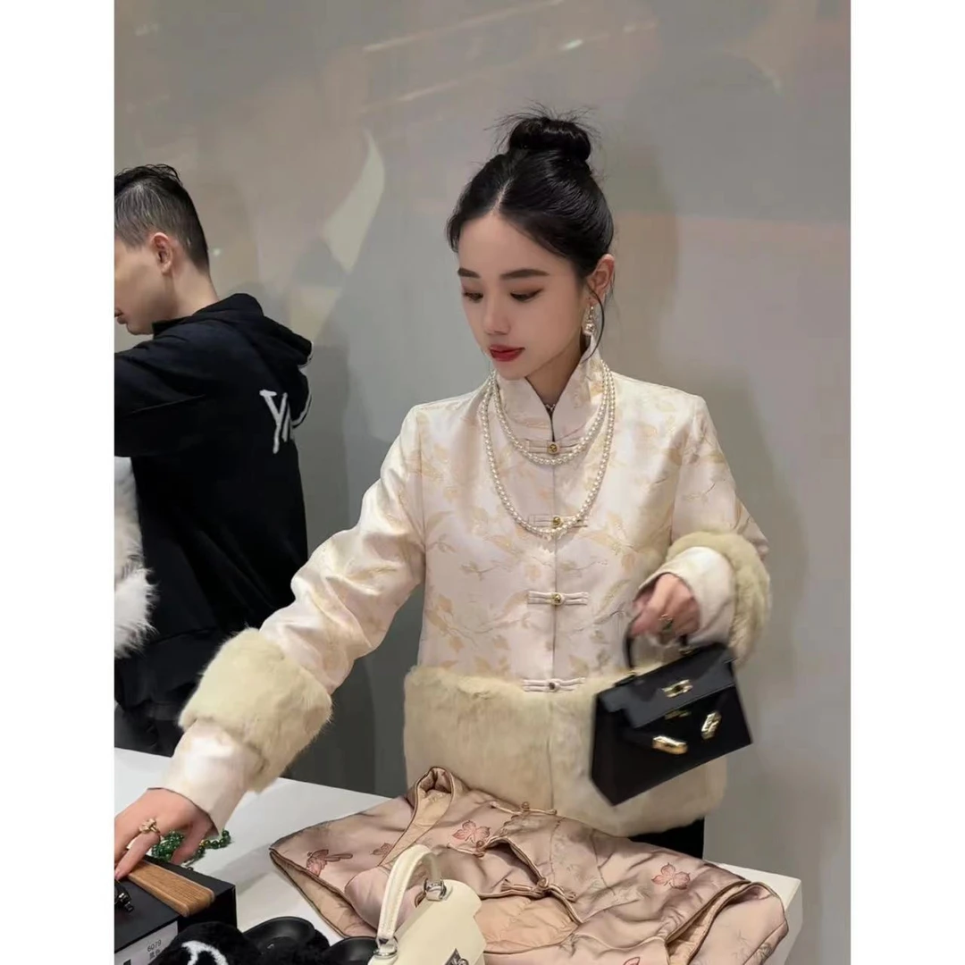 1【绿水悠悠】新中式休闲百搭提花丝缎兔毛国风棉外套