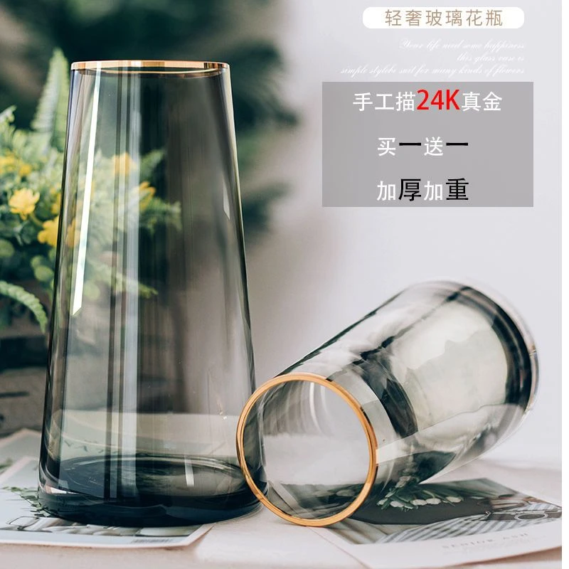 轻奢简约描金玻璃花瓶烟灰色客厅干花鲜花富贵竹插花花器北欧摆件