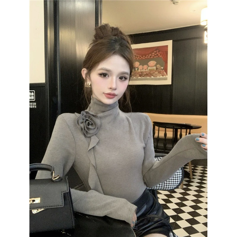 【玫瑰女神】修身显瘦半高领长袖t恤法式气质修身上衣女秋打底衫