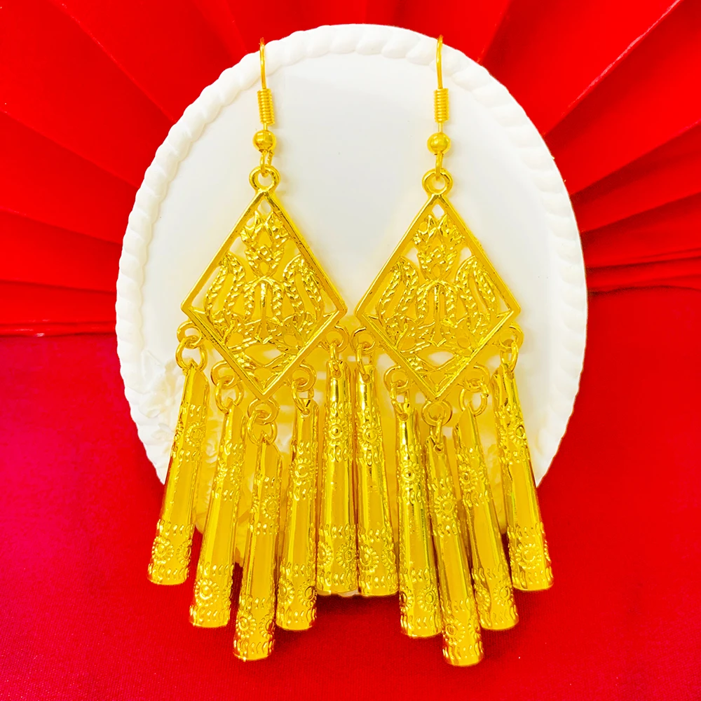 铜合金耳饰 【菱形花纹流苏耳钩】民族风耳坠复古宫精美重工耳环