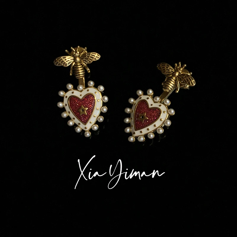铜合金仿珍珠耳饰 【夏一曼】复古爱心小蜜蜂耳钉