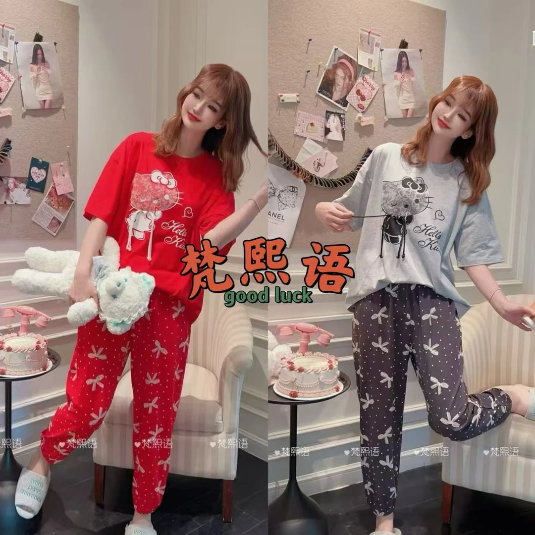 【梵熙语】D1069*KT猫蝴蝶结纯棉半袖九分裤睡衣家居服套装松紧腿