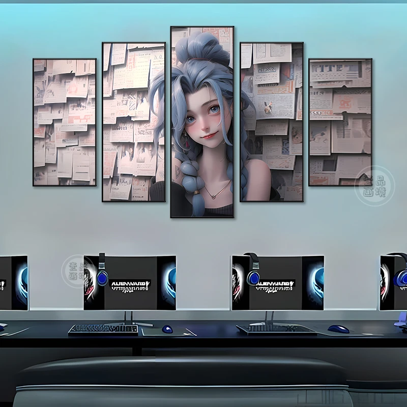 萝莉美女金克斯英雄联盟五联挂画甜美风电竞房间卧室沙发装饰画