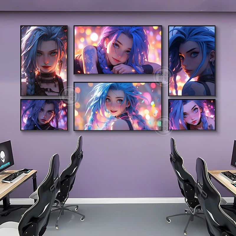 英雄联盟金克斯六联挂画可爱萝莉甜美酷姐创意电竞酒店客厅装饰画