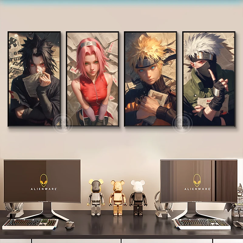 火影忍者四联挂画卡卡西鸣人春野樱宇智波斑网咖电竞房墙壁装饰画