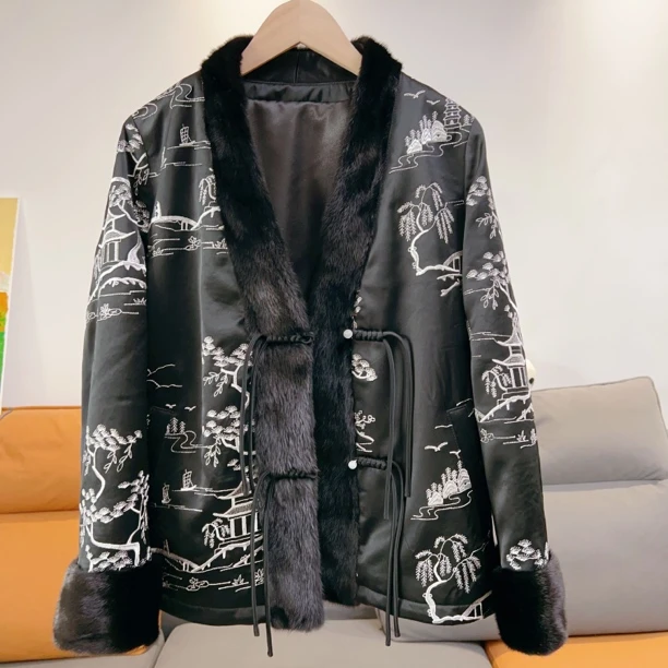 轻奢重工刺绣醋酸外套女棉服配水貂毛国风潮