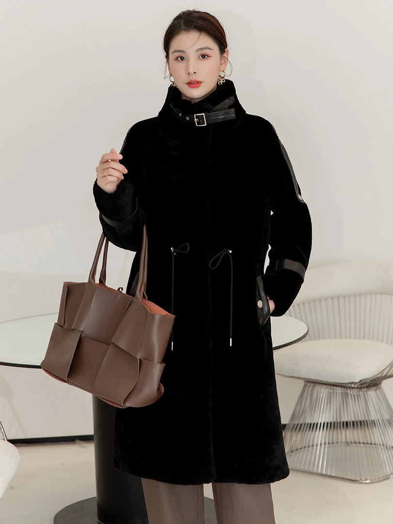 美利奴绵羊皮毛的一体大衣女长款羊毛外套立领干练