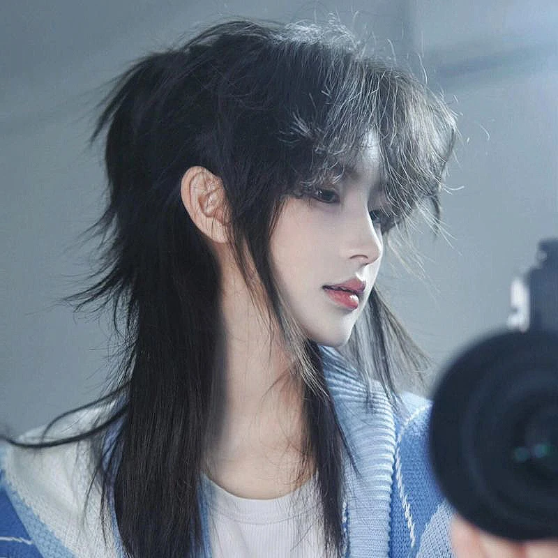 星程假发男黑棕色拖尾狼尾中长发少年感空气刘海仿真蓬松全头套式