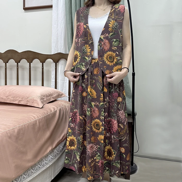 设计师款 新品汉麻半身裙马甲套装 文艺油画休闲风