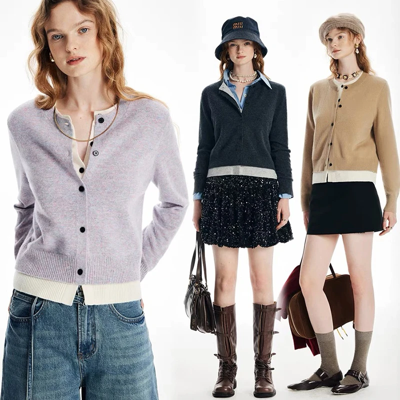 秋冬叠穿神器假两件拼接女士羊毛衫100%纯羊毛开衫外套正品毛衣女