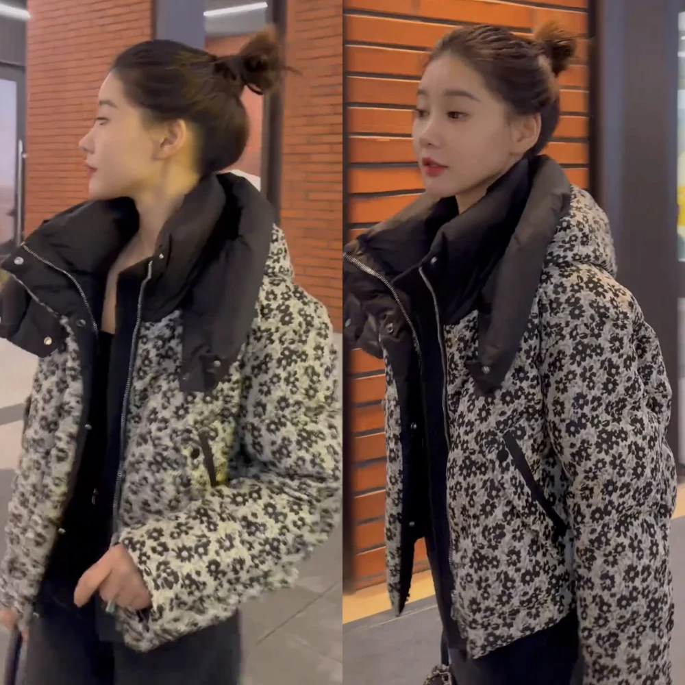 2024冬时尚洋气小碎花白鸭绒羽绒服欧货冬装女加厚复古连帽短外套