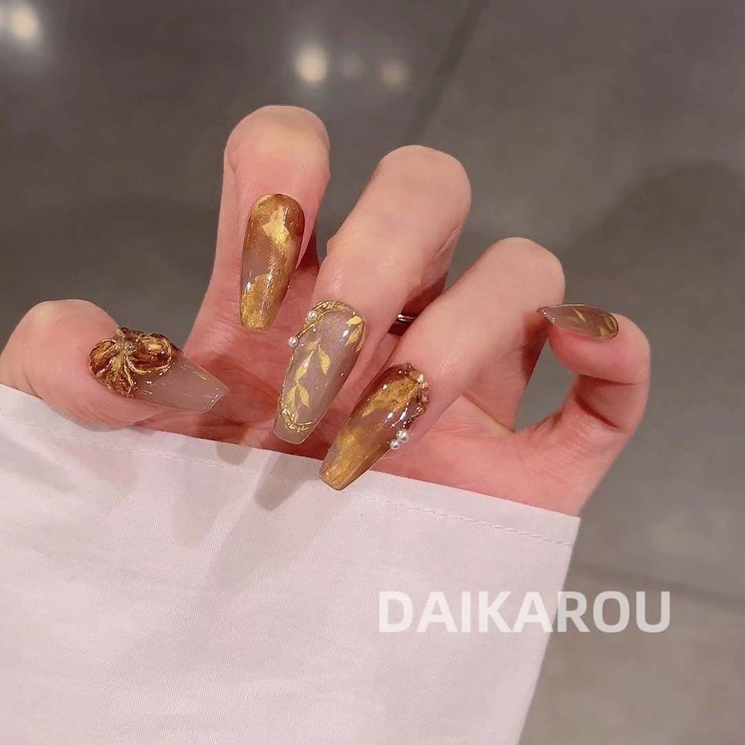 细叶浮花 黛卡柔 预售 中椭圆 长椭圆 长梯 手工穿戴甲10片