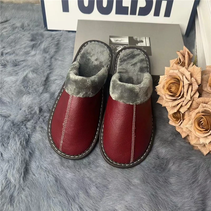 居家小毛口牛筋底真皮保暖拖鞋情侣棉拖鞋休闲地板真皮防滑软底鞋