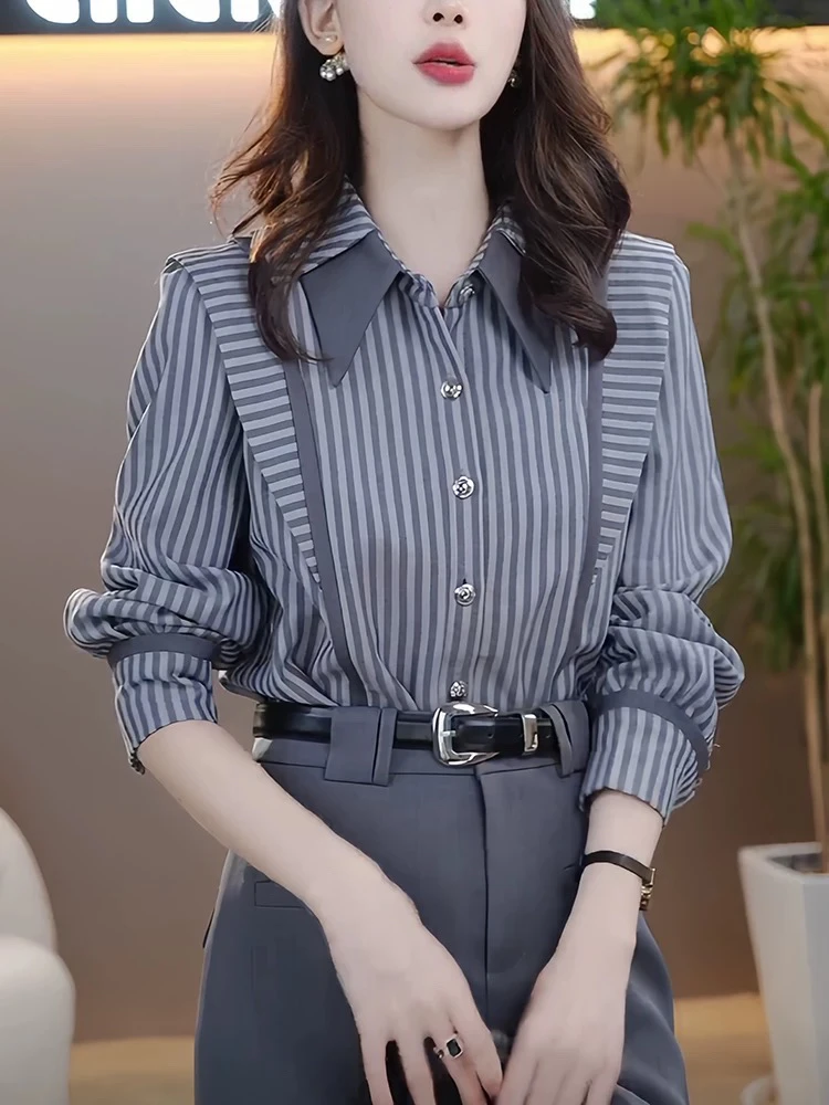 111灰色条纹衬衫2024早秋新款衬衣小众设计感上衣