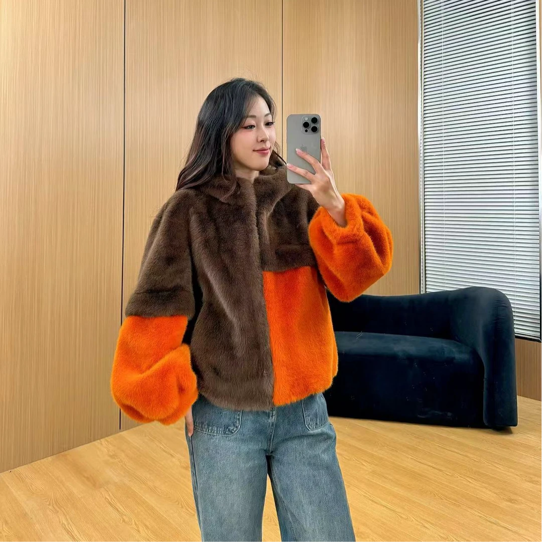 JiangJiang姜姜·秋冬短款连帽设计师款百搭轻奢环保毛绒外套撞色