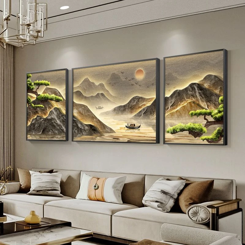 新中式山水画客厅挂画迎客松沙发背景墙装饰画高档大气壁画三联画