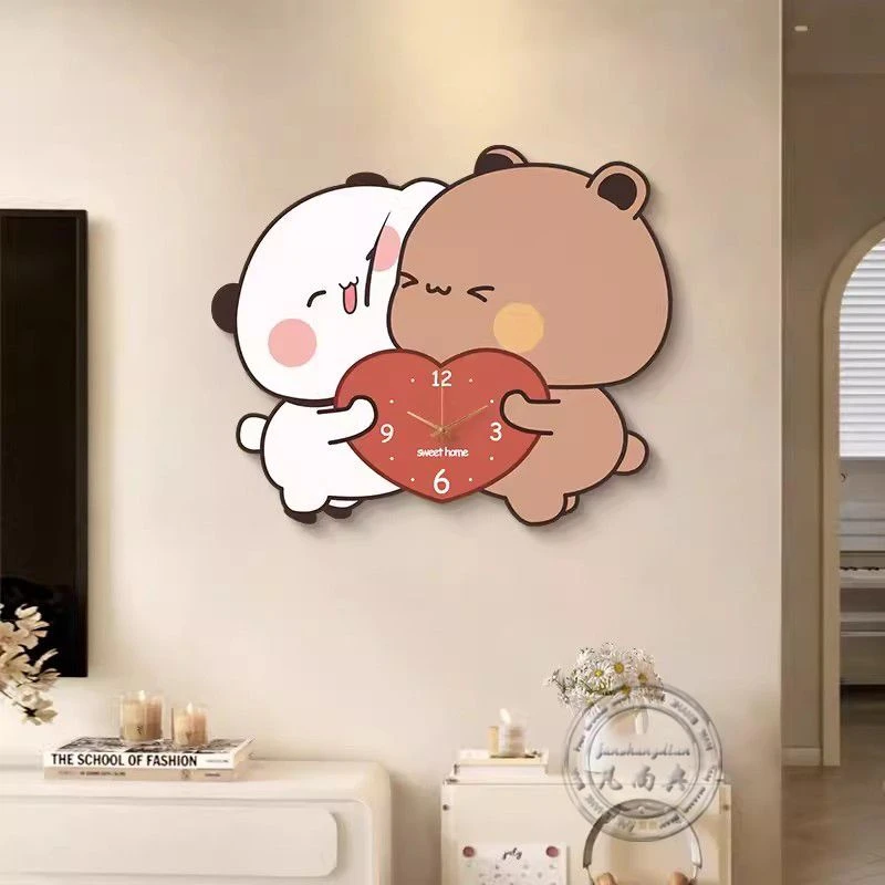 网红奶油风电视机背景墙装饰画带钟表一二布布小熊高级感餐厅挂画
