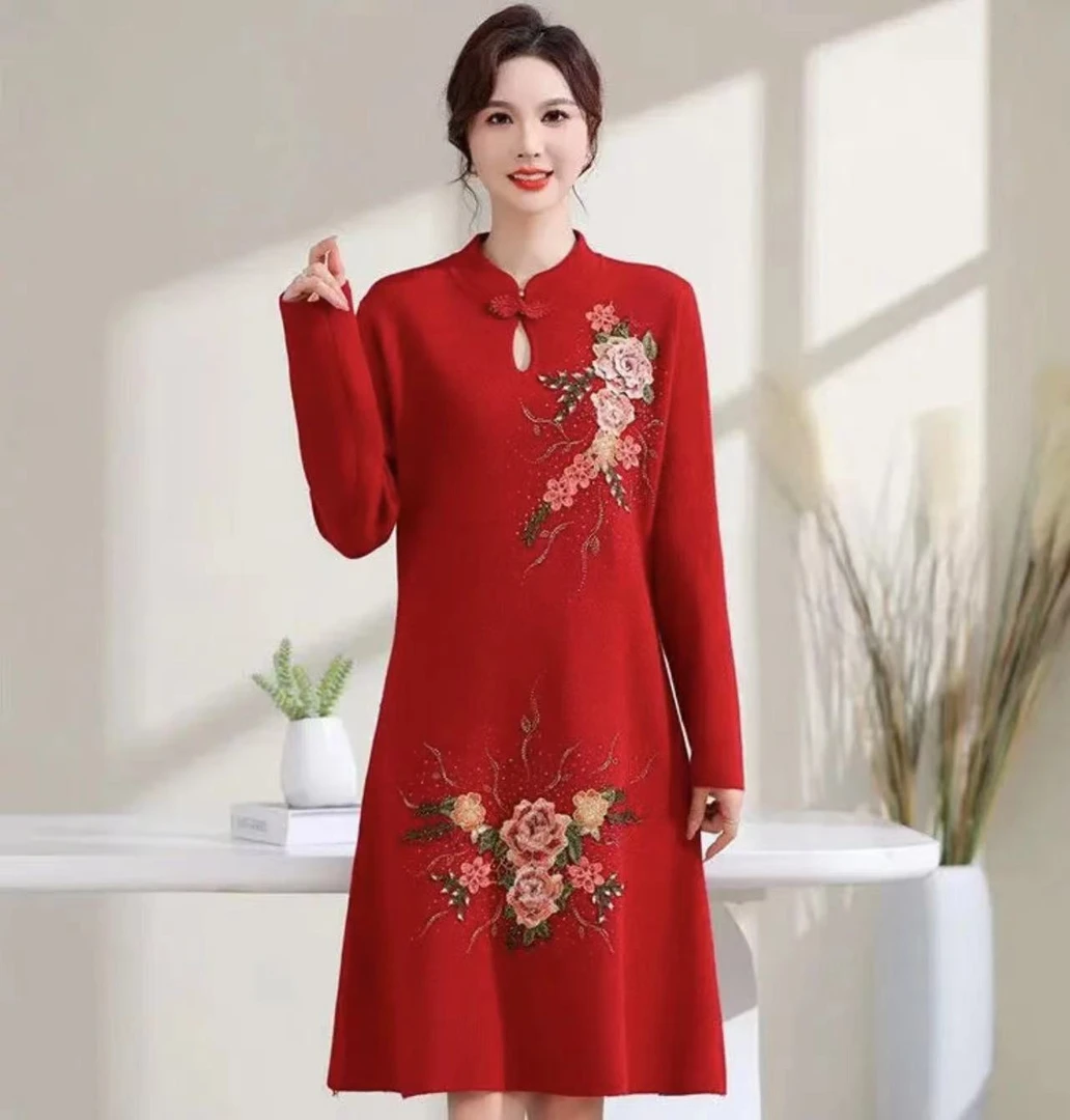 艾依严选 新款改良旗袍款牡丹花针织连衣裙2313中长款洋气长袖
