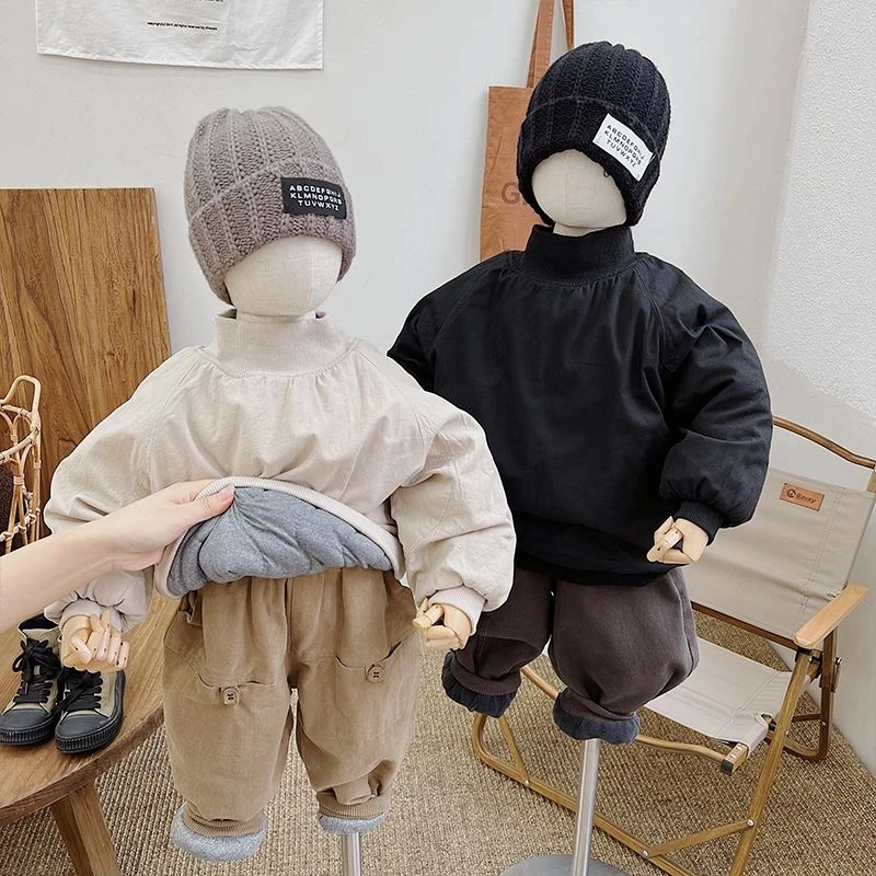一件过冬~2023冬韩版中小童纯色加棉加厚卫衣男女童高领套头衫