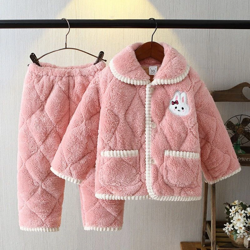 儿童冬季新款米粒绒家居服三层夹棉加厚款女孩男女童珊瑚绒套装