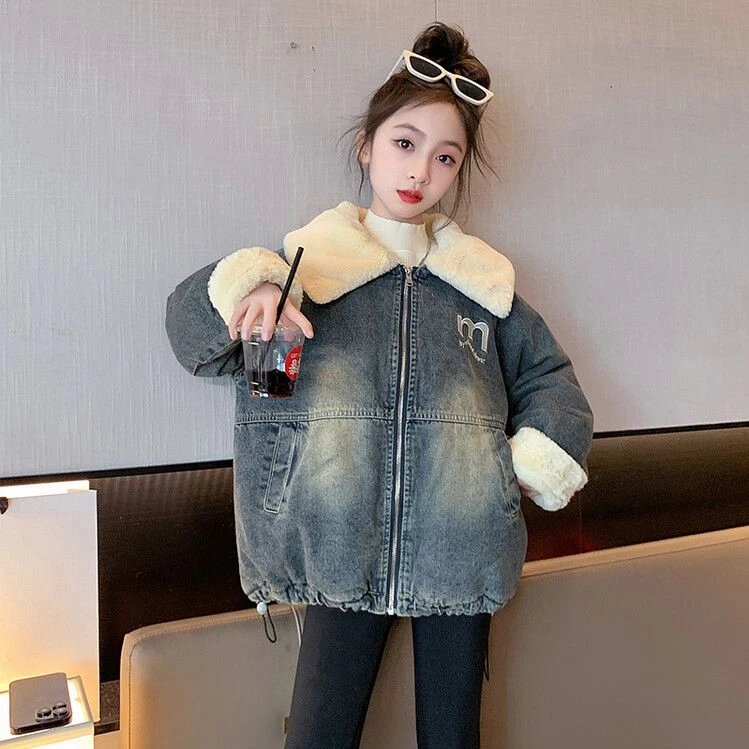 女童牛仔外套加绒加厚秋冬装2023新款复古洋气大童儿童冬季夹棉衣