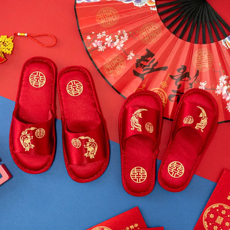 买一送一结婚拖鞋喜庆红色一对四季亚麻情侣新婚新娘陪嫁晨袍拖鞋