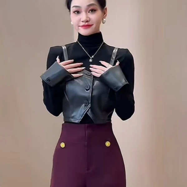华姐定制--[H171]法式气质高领紧身打底衫+单排扣叠层马甲两件套
