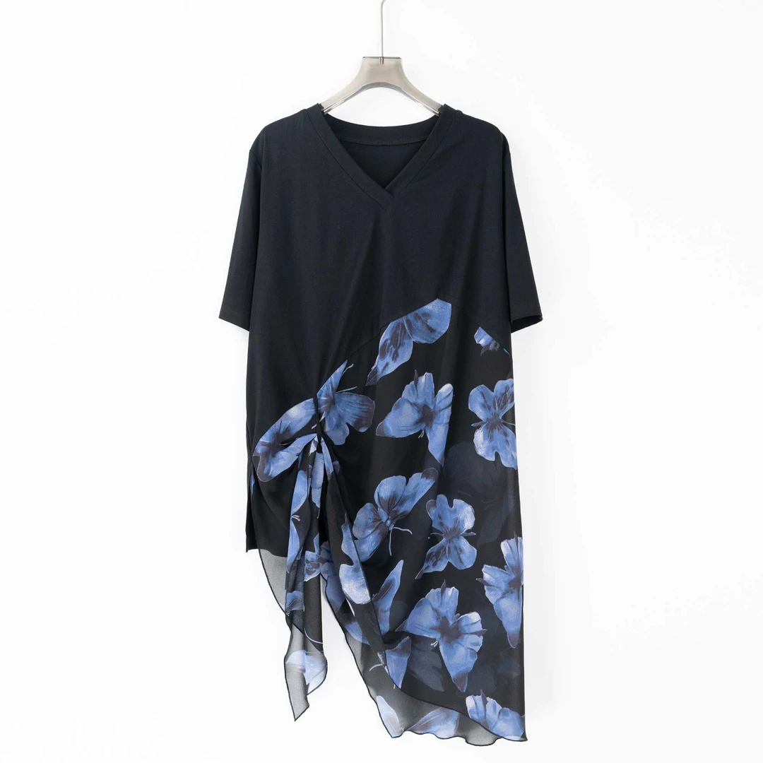 PS240634时尚百搭女士夏季纯色小众设计上衣不规则印花拼接