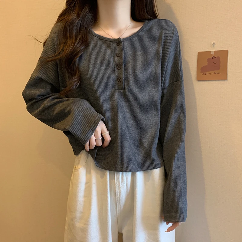 大码女装韩版遮肚子长袖T恤打底衫女春秋胖妹妹显瘦慵懒短款上衣